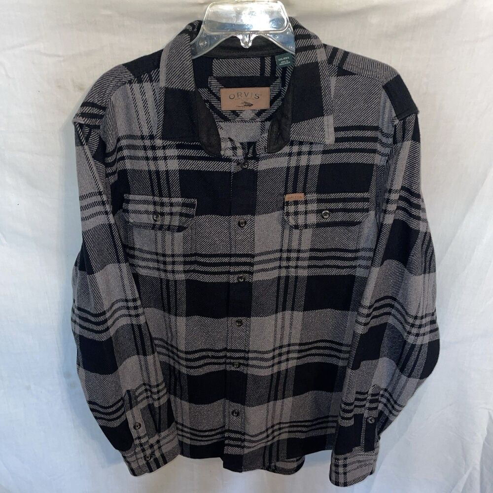 Orvis Men’s Flannel Shirt Size 2XL Black Gray Plaid Outdoors Warmth Work